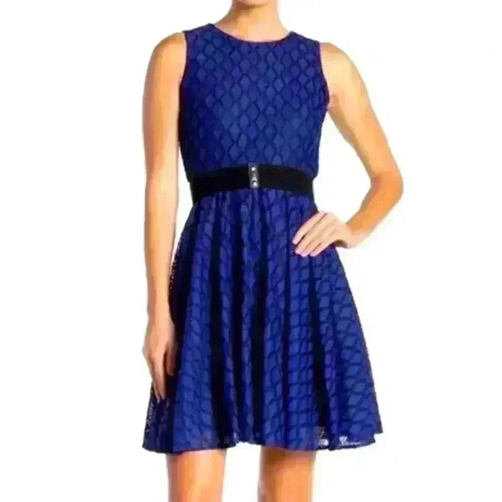 Gabby Skye Grid Patterned Belted Mini Dress
